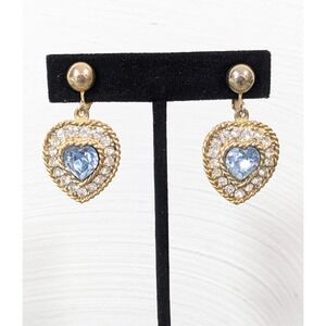 Vintage Blue Crystal Heart Clip On Earrings Gold Tone Rhinestone‎ Halo